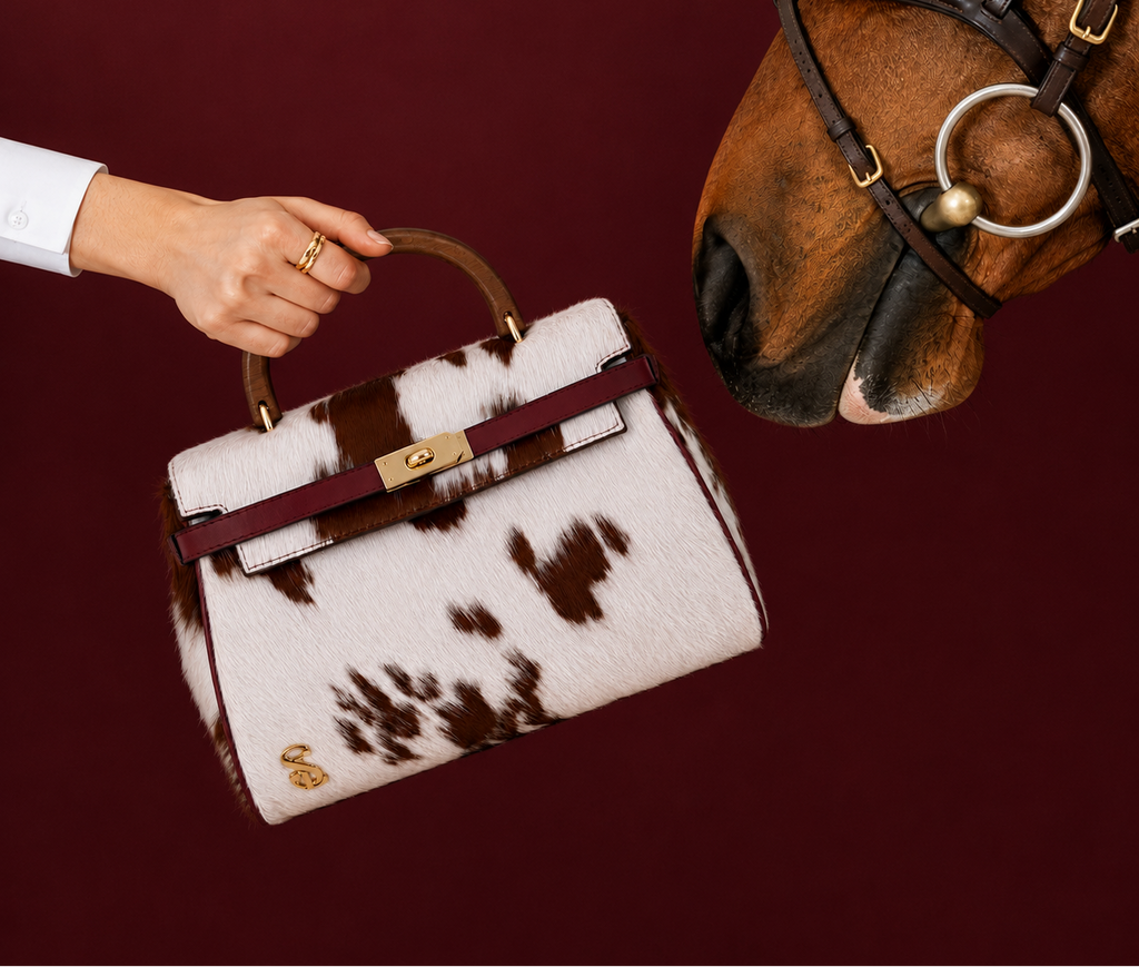 Handbag with cow print design held by a hand, next to a horse's head on a dark red background